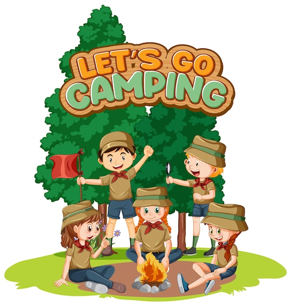 Vecteur gratuit camping enfants et conception de texte pour word allons camper