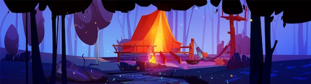 Vecteur gratuit camping avec feu de joie dans la forêt nocturne illustration de dessin animé vectoriel du feu brûlant près de la tente sur une plate-forme en bois hamac entre les arbres lucioles dans l'obscurité arrière-plan de jeu d'aventure de voyage