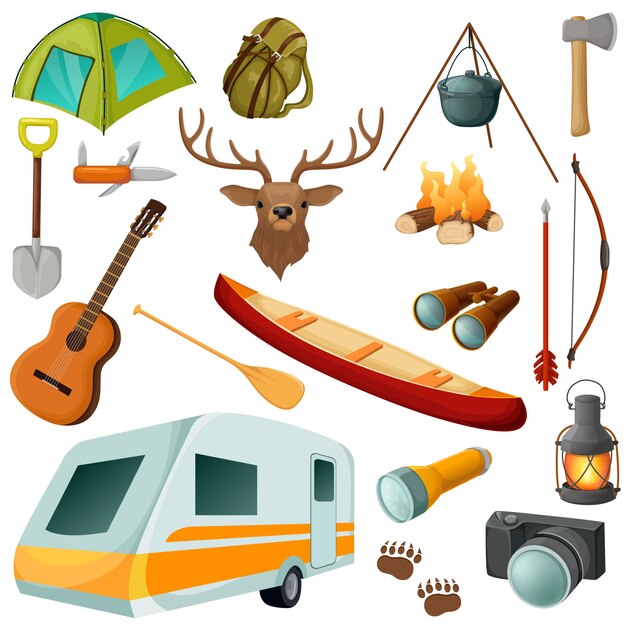 Camping icône isolé coloré serti d'équipements et d'éléments de tenue pour l'illustration vectorielle de randonnée