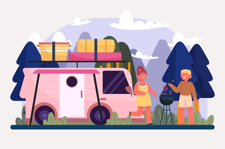 Vecteur gratuit camping avec une illustration de caravane avec des gens
