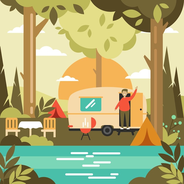 Vecteur gratuit camping avec une illustration de caravane