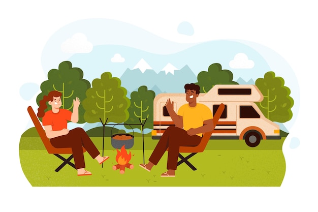 Camping Avec Une Illustration De Caravane