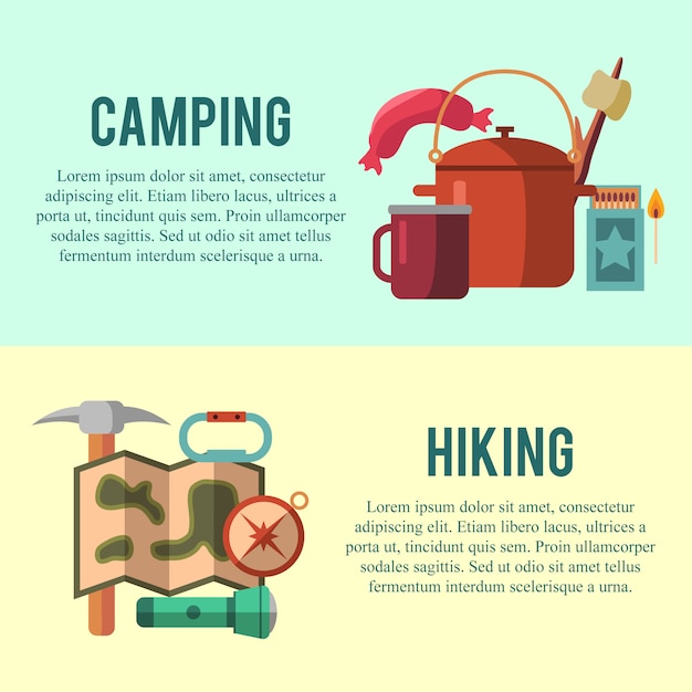 Vecteur gratuit camping plat sertie de matériel de randonnée et de cuisson en plein air