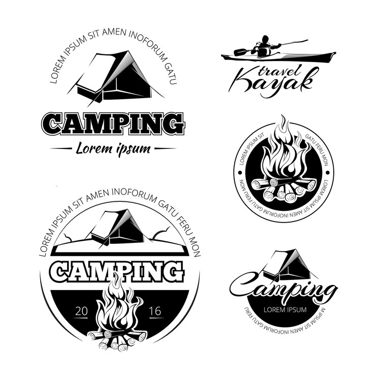 Vecteur gratuit camping et randonnée vectro étiquettes emblèmes et badges fixés. expédition en plein air et illustration de kayak