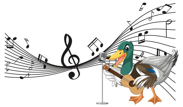 Le canard joue de la guitare ukulélé avec une note de musique