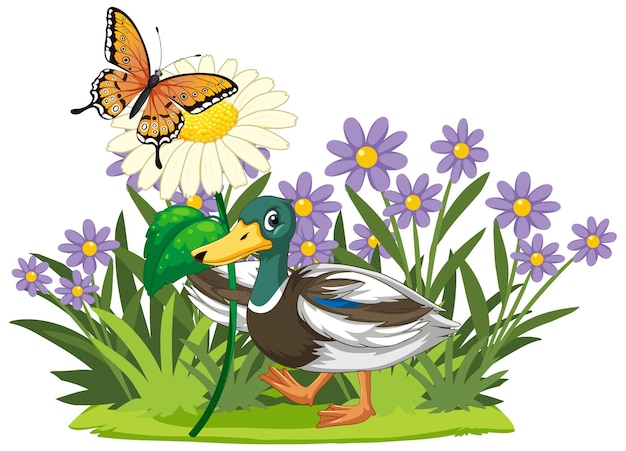 Vecteur gratuit un canard et un papillon dans une prairie de fleurs