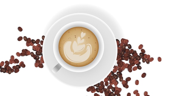 Cappuccino réaliste et grains de café sur fond blanc - vector illustration