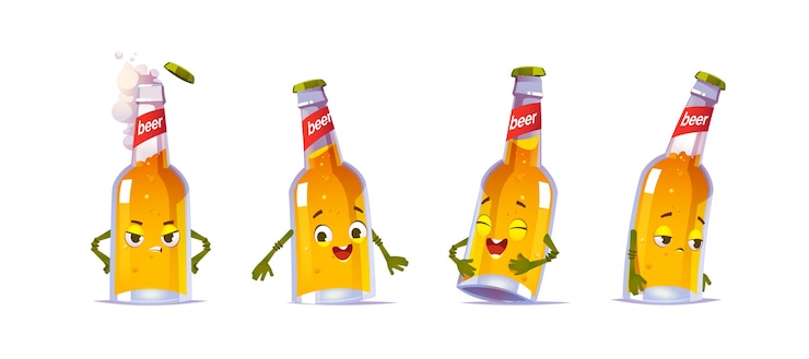 Vecteur gratuit caractère de bouteille de bière, flacon en verre drôle kawai avec boisson alcoolisée liquide jaune et visage mignon expriment des émotions heureuses et tristes
