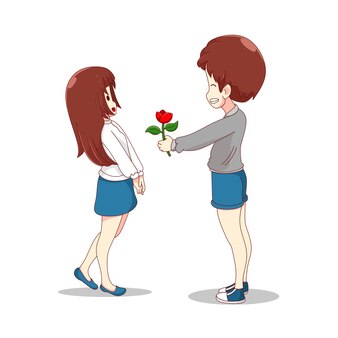 Caractère de couple masculin donnant des fleurs à sa petite amie