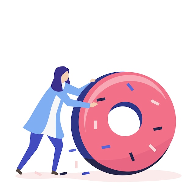 Vecteur gratuit caractère d'une femme roulant une illustration de donut géant