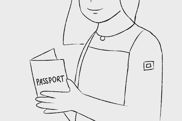 Caractère de femme vecteur passeport vaccination dessinés à la main