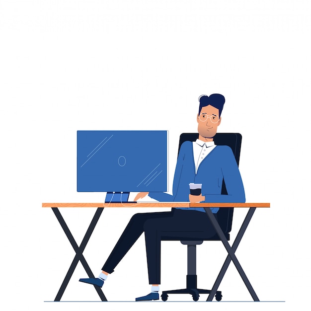 Vecteur gratuit caractère de l'homme d'affaires assis dans le bureau derrière le lieu de travail sur le bureau de l'écran d'ordinateur.