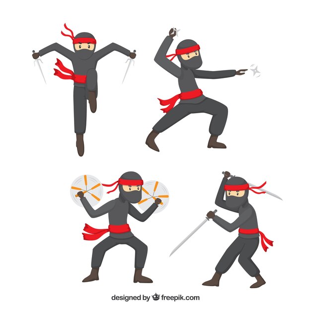 Caractère Ninja dans différentes poses avec un design plat