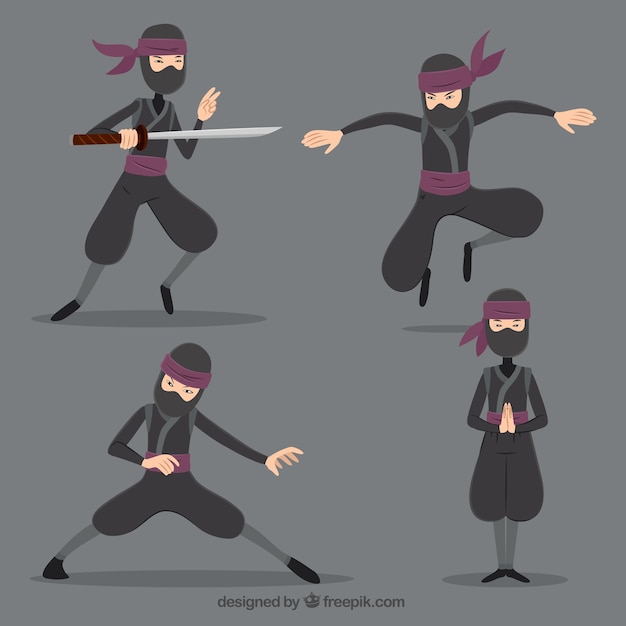 Vecteur gratuit caractère ninja dans différentes poses