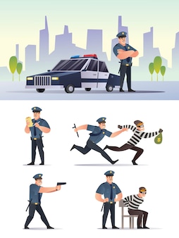 Caractère de police et de voleur avec dessin animé de collection de fond de ville