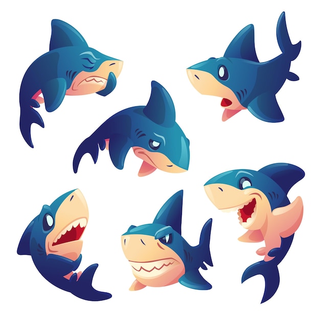 Vecteur gratuit caractère de requin mignon avec différentes émotions isolées sur fond blanc. ensemble de vecteur de mascotte de dessin animé, poisson aux dents souriant, en colère, affamé, triste et surpris. ensemble d'emojis créatifs, chatbot animal