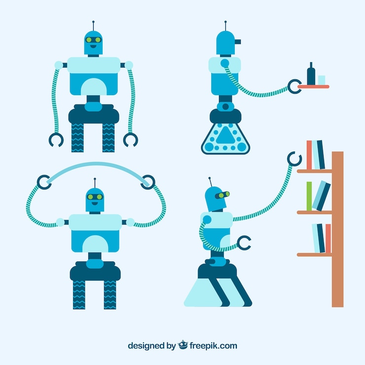 Vecteur gratuit caractère de robot plat avec collection de poses différentes