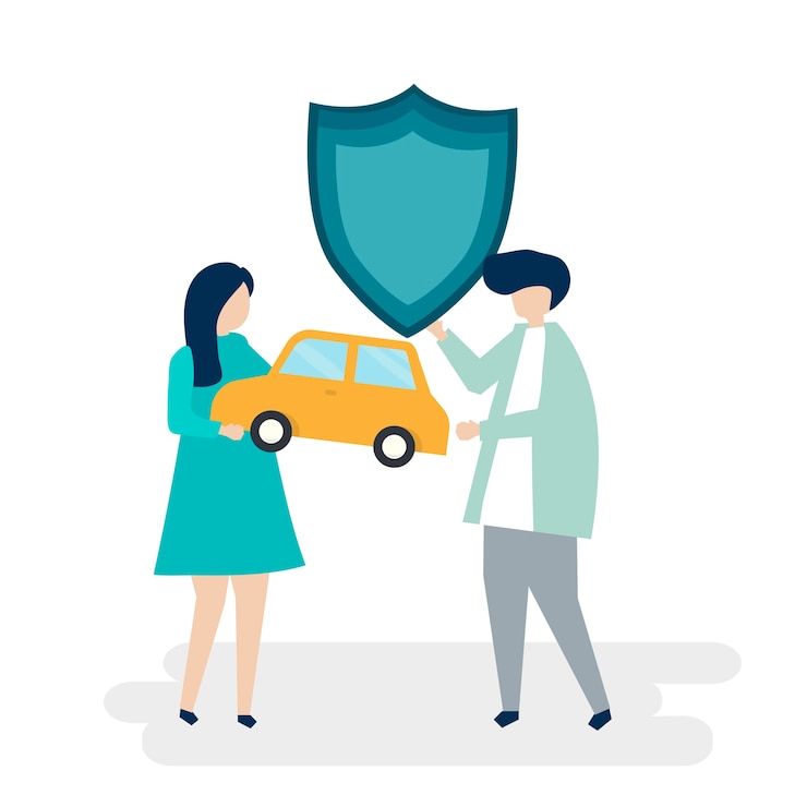 Vecteur gratuit caractères d&#39;un couple tenant une voiture et illustration de bouclier