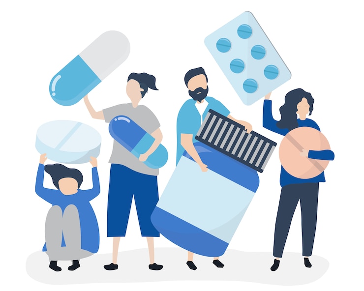 Vecteur gratuit caractères des personnes détenant des icônes pharmaceutiques