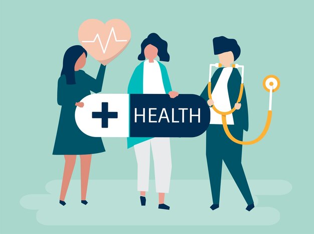 Caractères de personnes détenant des icônes de soins de santé illustration