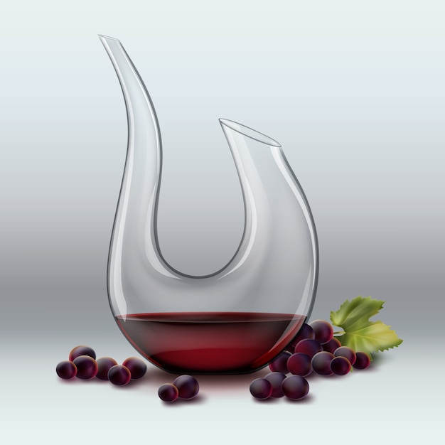 Vecteur gratuit carafe de vecteur avec du vin ang raisin rouge isolé sur fond gris dégradé