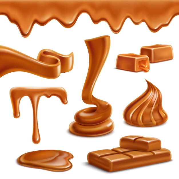 Vecteur gratuit caramel caramel fondu bordure horizontale gouttes flaques d'eau appétissantes figures en spirale bonbons bar bonbons ensemble réaliste