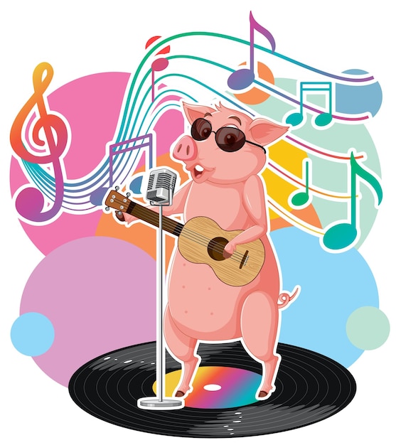 Vecteur gratuit caricature de cochon chanteur avec symboles de mélodie musicale