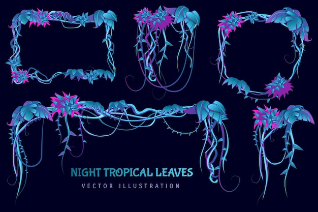 Vecteur gratuit caricature de feuilles tropicales de nuit sertie de