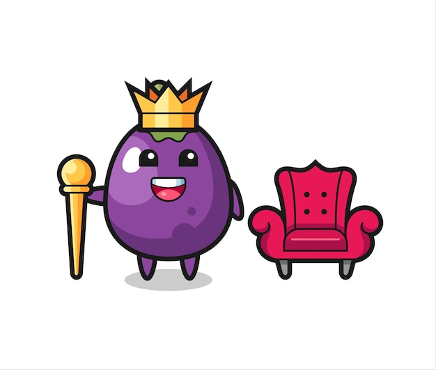 Caricature de mascotte d'aubergine en tant que roi, design de style mignon pour t-shirt, autocollant, élément de logo