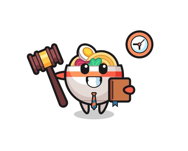 Caricature de mascotte de bol de nouilles en tant que juge, conception de style mignon pour t-shirt, autocollant, élément de logo