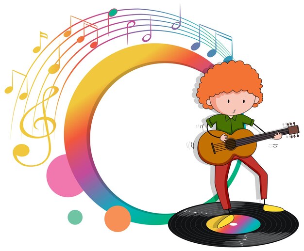 Caricature de musicien de guitare avec symboles de mélodie musicale