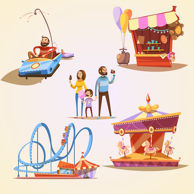 Vecteur gratuit caricature de parc d'attractions avec des attractions de style rétro