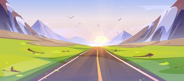 Vecteur gratuit caricature de paysage de lever de soleil sur la route et la montagne