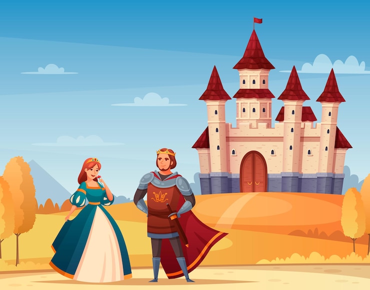 Vecteur gratuit caricature de personnages médiévaux avec illustration du roi et de la reine du château,