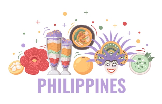 Vecteur gratuit caricature de voyage aux philippines avec des plats traditionnels et des cocktails illustration vectorielle