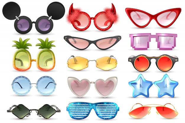 Vecteur gratuit carnaval fête mascarade costume lunettes coeur étoile chat en forme de œil drôle lunettes de soleil réaliste ensemble isolé illustration vectorielle