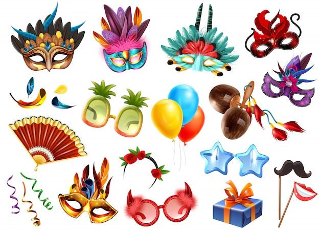 Carnaval mascarade festival célébration attributs accessoires réaliste ensemble coloré avec des cadeaux masques verres plumes ballons vector illustration
