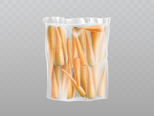 Vecteur gratuit carottes fraîches réalistes 3d dans un emballage en plastique. emballage transparent avec des légumes orange