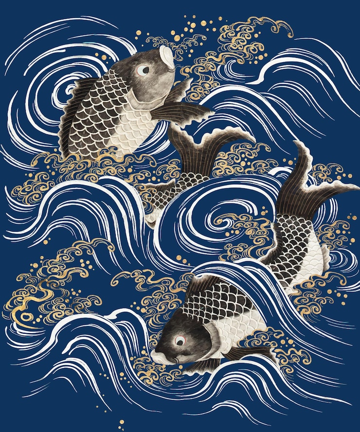 Vecteur gratuit carpe poisson dans les vagues vecteur fond bleu, mettant en vedette des œuvres d'art du domaine public