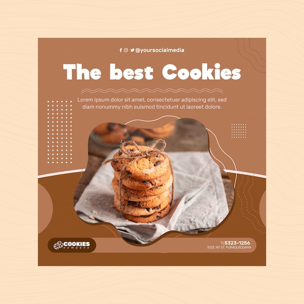 Vecteur gratuit carré de flyer de cookies au chocolat