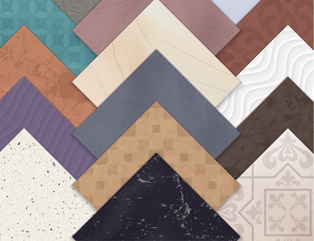 Carreaux de sol en céramique réaliste colorés horizontaux avec des carrés de différents types et styles de carreaux