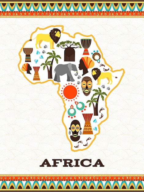 Vecteur gratuit carte de l'afrique avec des icônes africaines. pays et animal, djembé et folklore national, diamant et voyage,