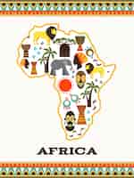 Vecteur gratuit carte de l'afrique avec des icônes africaines. pays et animal, djembé et folklore national, diamant et voyage,
