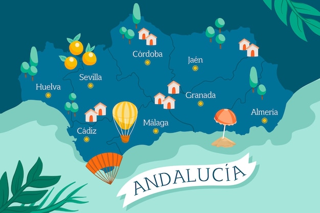 Vecteur gratuit carte de l'andalousie avec points de repère