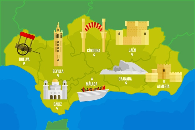 Carte de l'Andalousie avec points de repère