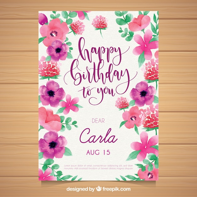 Vecteur gratuit carte d'anniversaire aquarelle avec des fleurs