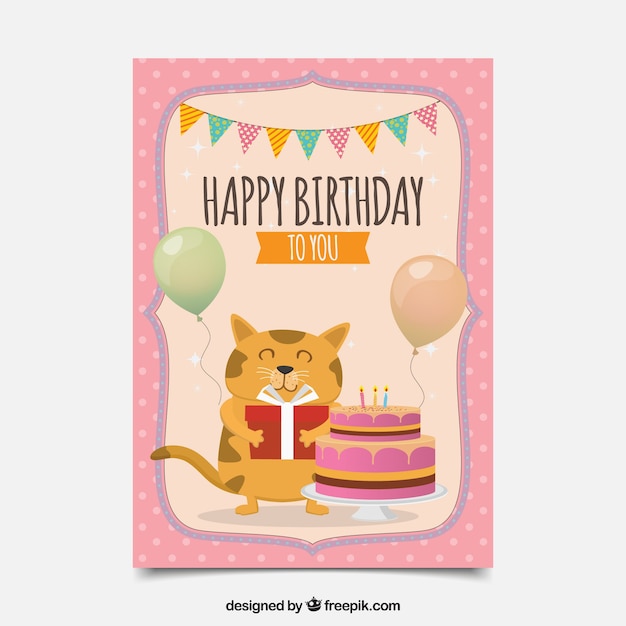 Carte D'anniversaire Au Design Plat Avec Un Chat