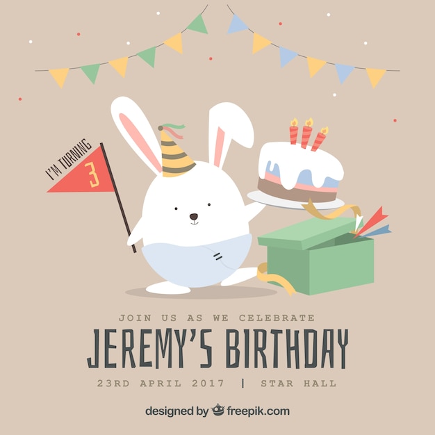 Carte d&#39;anniversaire avec un beau lapin et gâteau d&#39;anniversaire