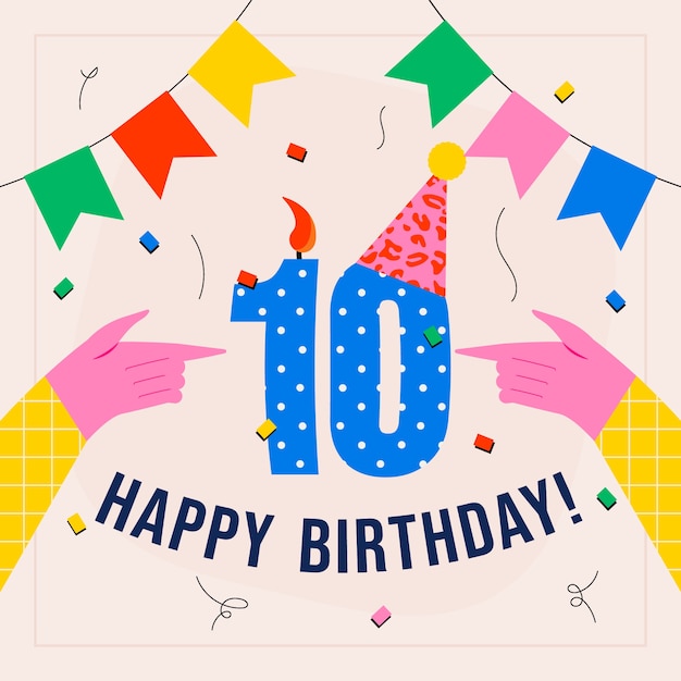 Vecteur gratuit carte d'anniversaire design plat 10 ans