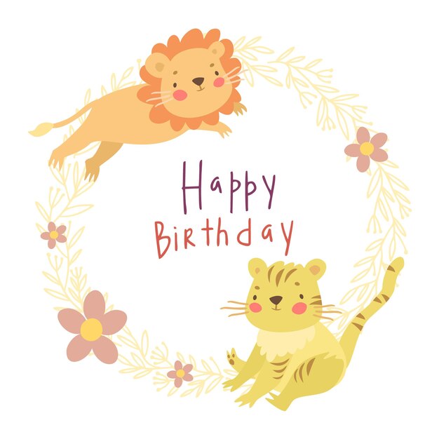 Carte D Anniversaire Lion Et Tigre Vecteur Gratuite